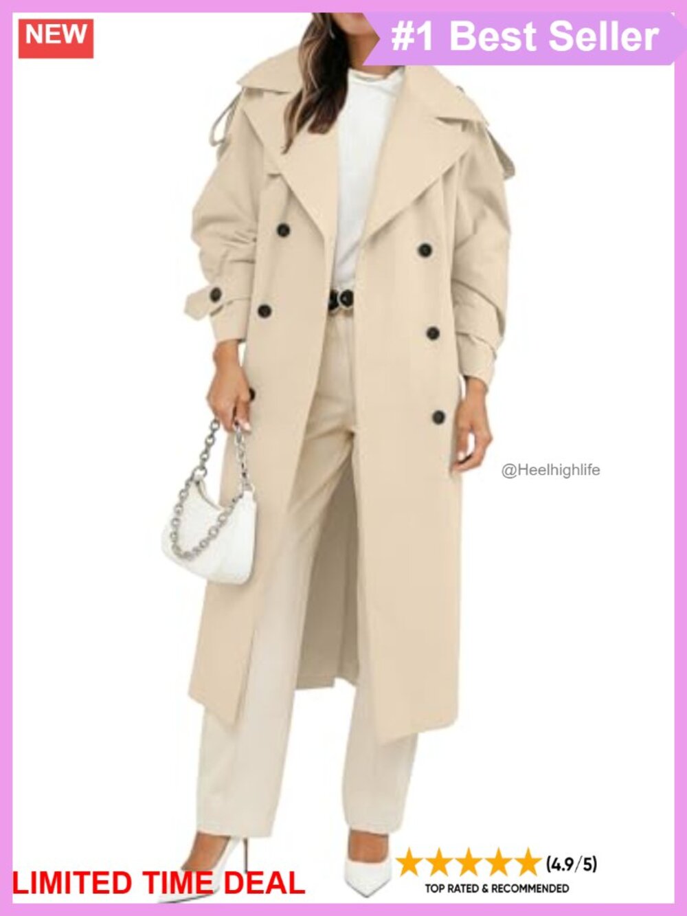Oversized Double Breasted Long Trench Coat With Belt Waterproof